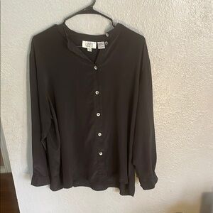 Black V-Neck Button Down Mandarin Collar Shirt 100% Silk Vintage 1x